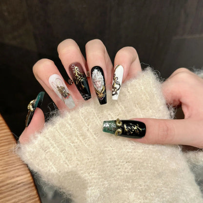 10 PC Handmade Press on Nails Long Coffin (#6)
