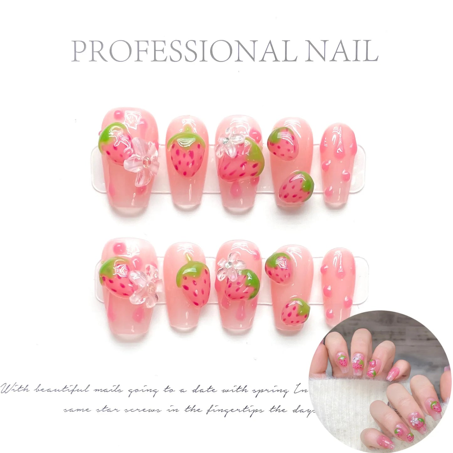 10 PC Handmade Press on Nails Strawberry Design (#20)