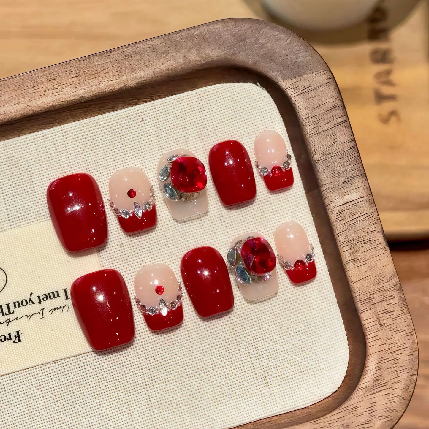 10 PC Handmade New Year Press on Nails Red Crystal Short (#7)