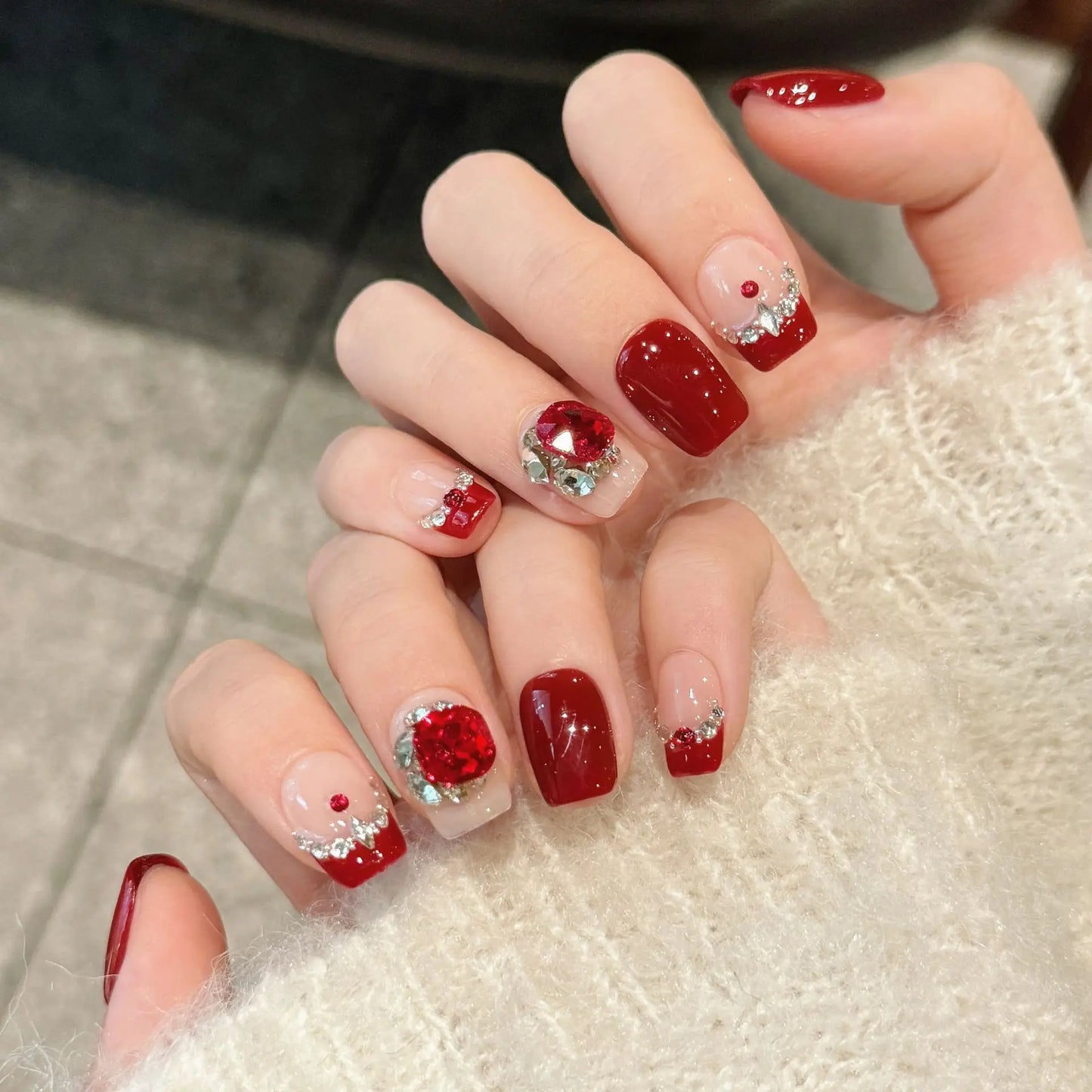 10 PC Handmade New Year Press on Nails Red Crystal Short (#7)