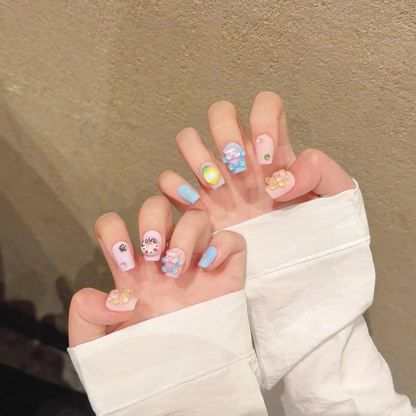 10 PC Handmade Press on Nails Cartoon Candy Bear Shorts (#17)