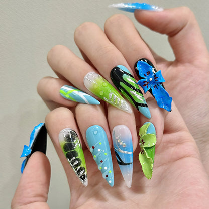 10pcs Handmade Press on Nails  Full Cover Ins Long Almond False (#26)