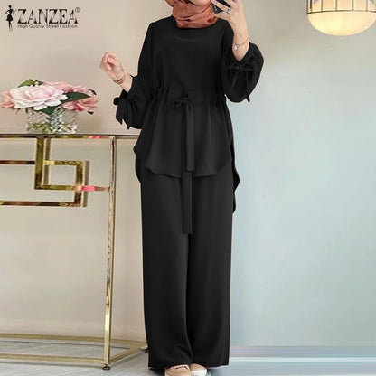 Muslim Women Matching Sets Long Sleeve  Tops And Loose Pant Suits