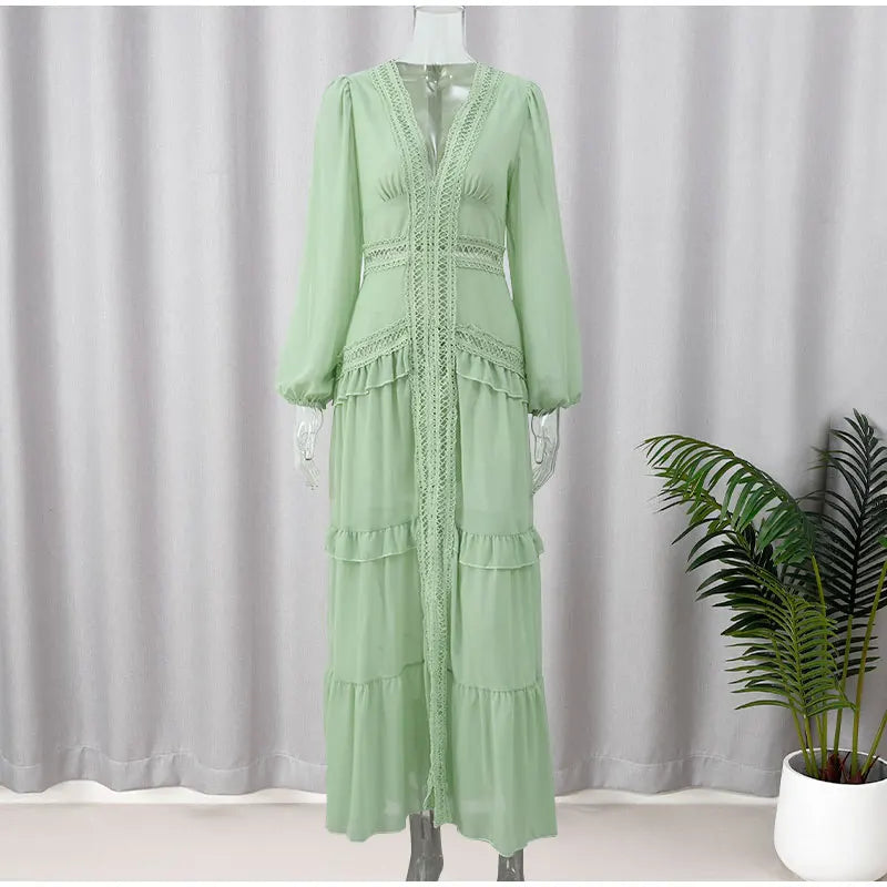 Long Sleeves Maxi Dress Patchwork Ruffles Hollow Lace Slim Dresses Robes