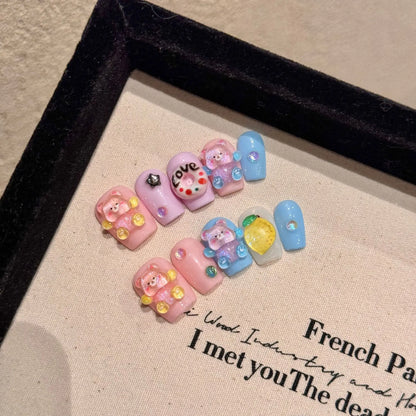10 PC Handmade Press on Nails Cartoon Candy Bear Shorts (#17)