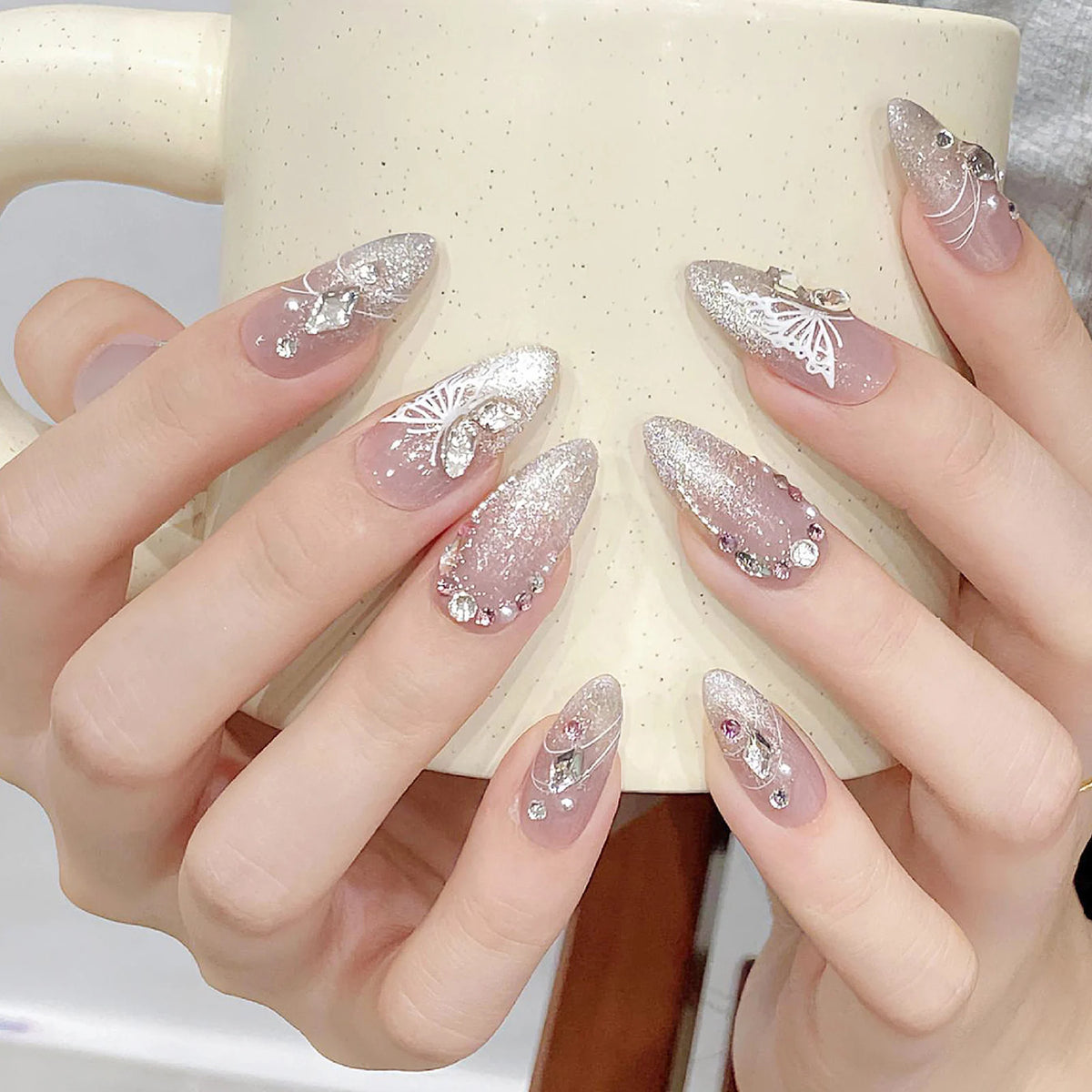10 pc Handmade Press on Nails French Pink (#29)