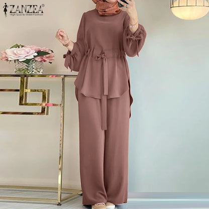 Muslim Women Matching Sets Long Sleeve  Tops And Loose Pant Suits