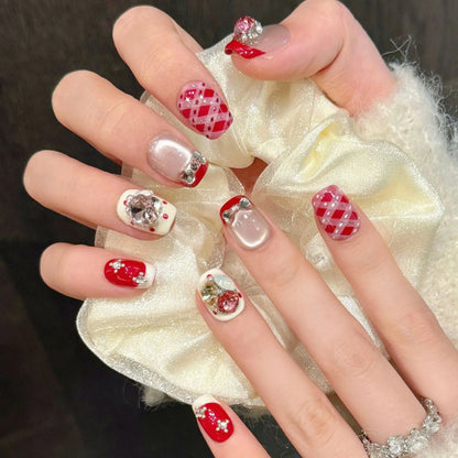 10 PC Handmade New Year Press on Nails Red Crystal Short (#7)