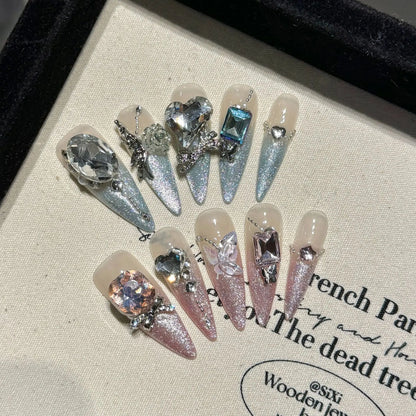 10 Pc Handmade Press on Nails Shiny Crystal Design (#35)