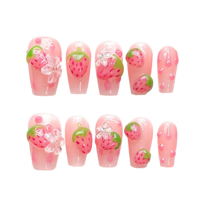 10 PC Handmade Press on Nails Strawberry Design (#20)
