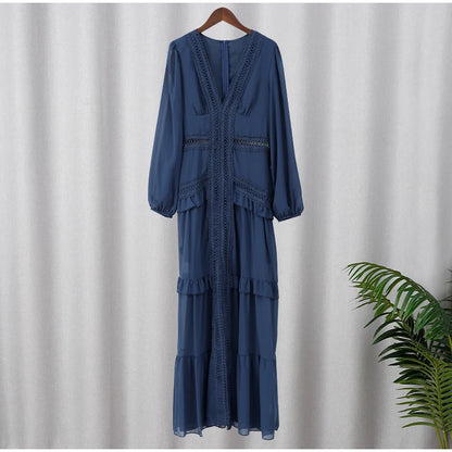 Long Sleeves Maxi Dress Patchwork Ruffles Hollow Lace Slim Dresses Robes