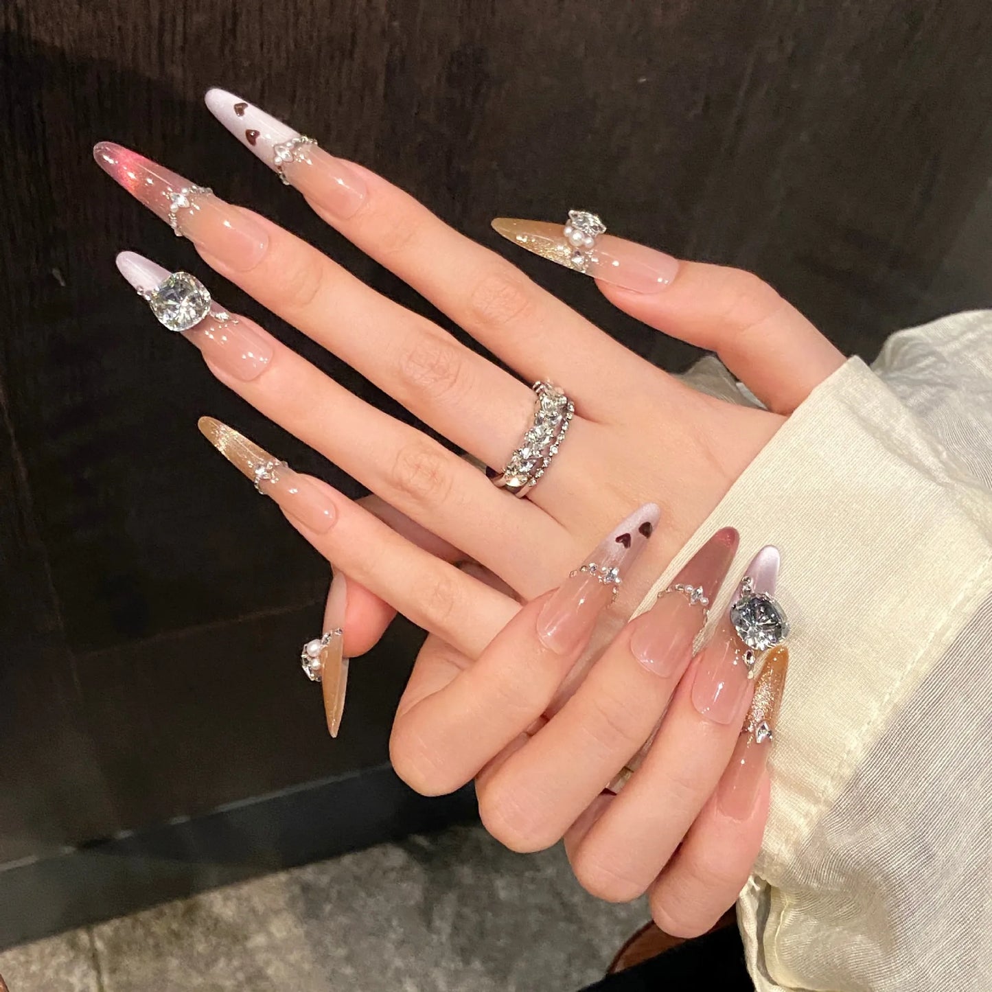 10pcs Handmade Large Fake Nails Wearable Reusable  False Nail Tips Almond & Coffin (#3)