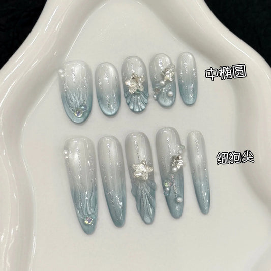 10pcs Handmade Blue Press on Nails Almond (#11)