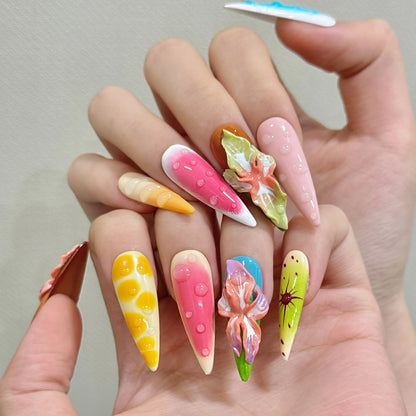 10pcs Handmade Press on Nails  Full Cover Ins Long Almond False (#26)