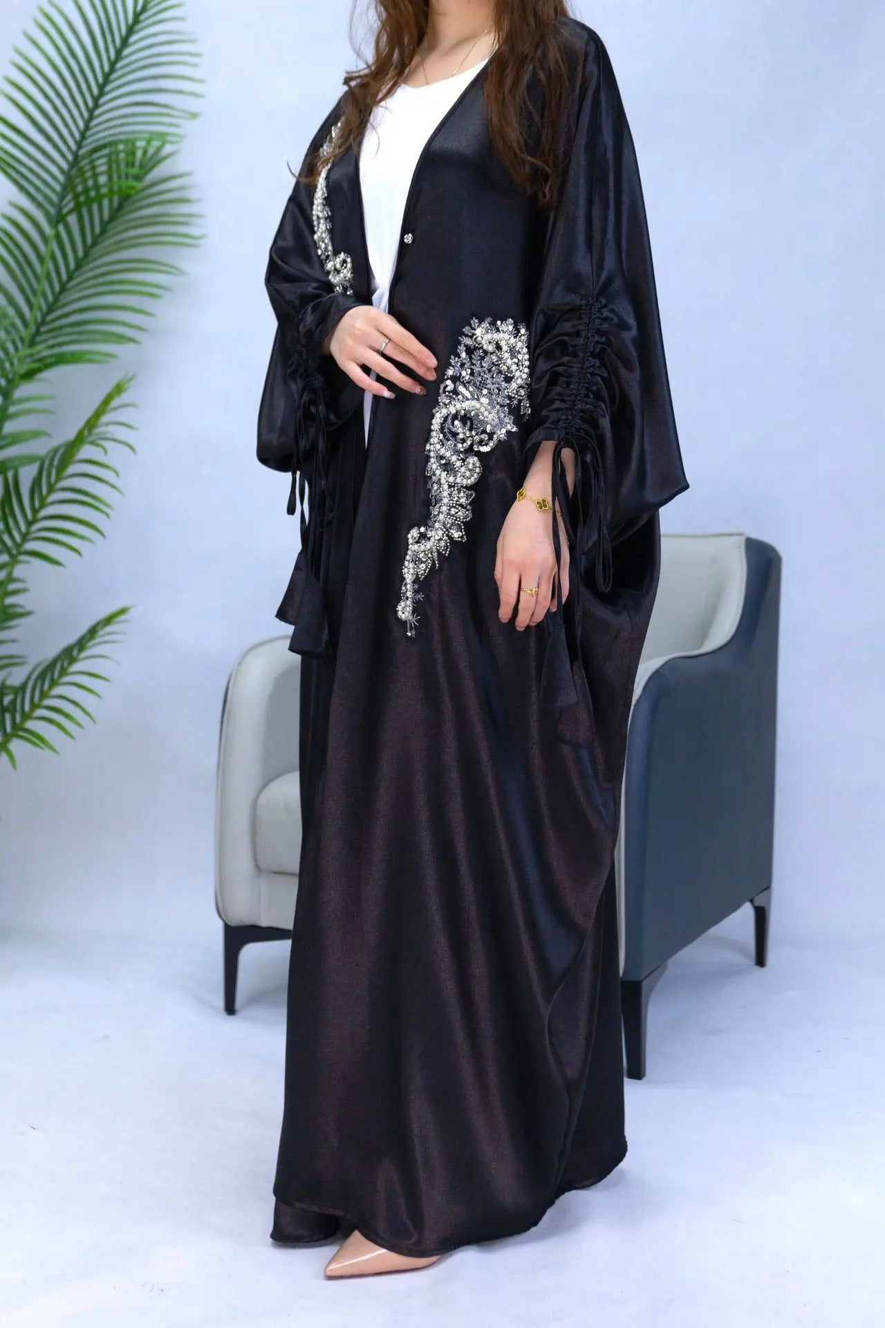 Abaya Shiny Satin Beads Bat Sleeve Open Cardigan Robe