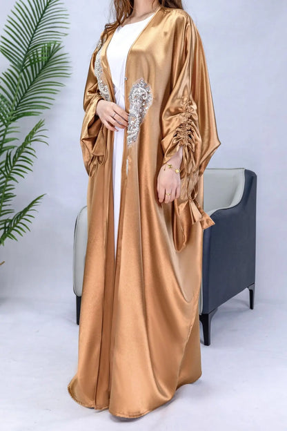 Abaya Shiny Satin Beads Bat Sleeve Open Cardigan Robe