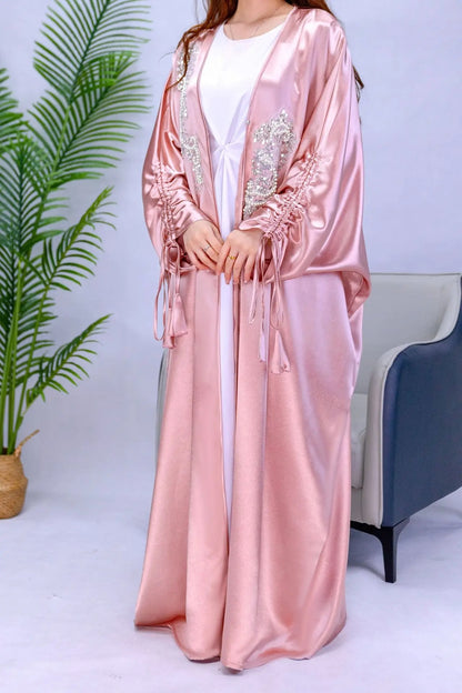 Abaya Shiny Satin Beads Bat Sleeve Open Cardigan Robe