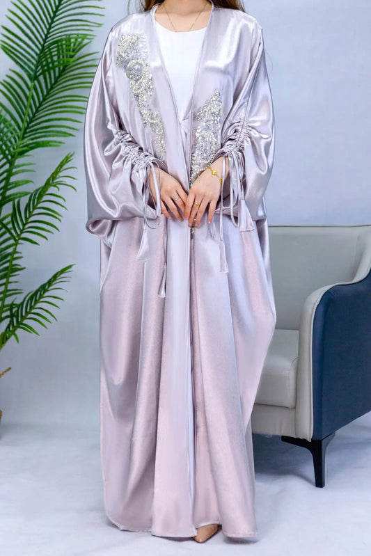 Abaya Shiny Satin Beads Bat Sleeve Open Cardigan Robe